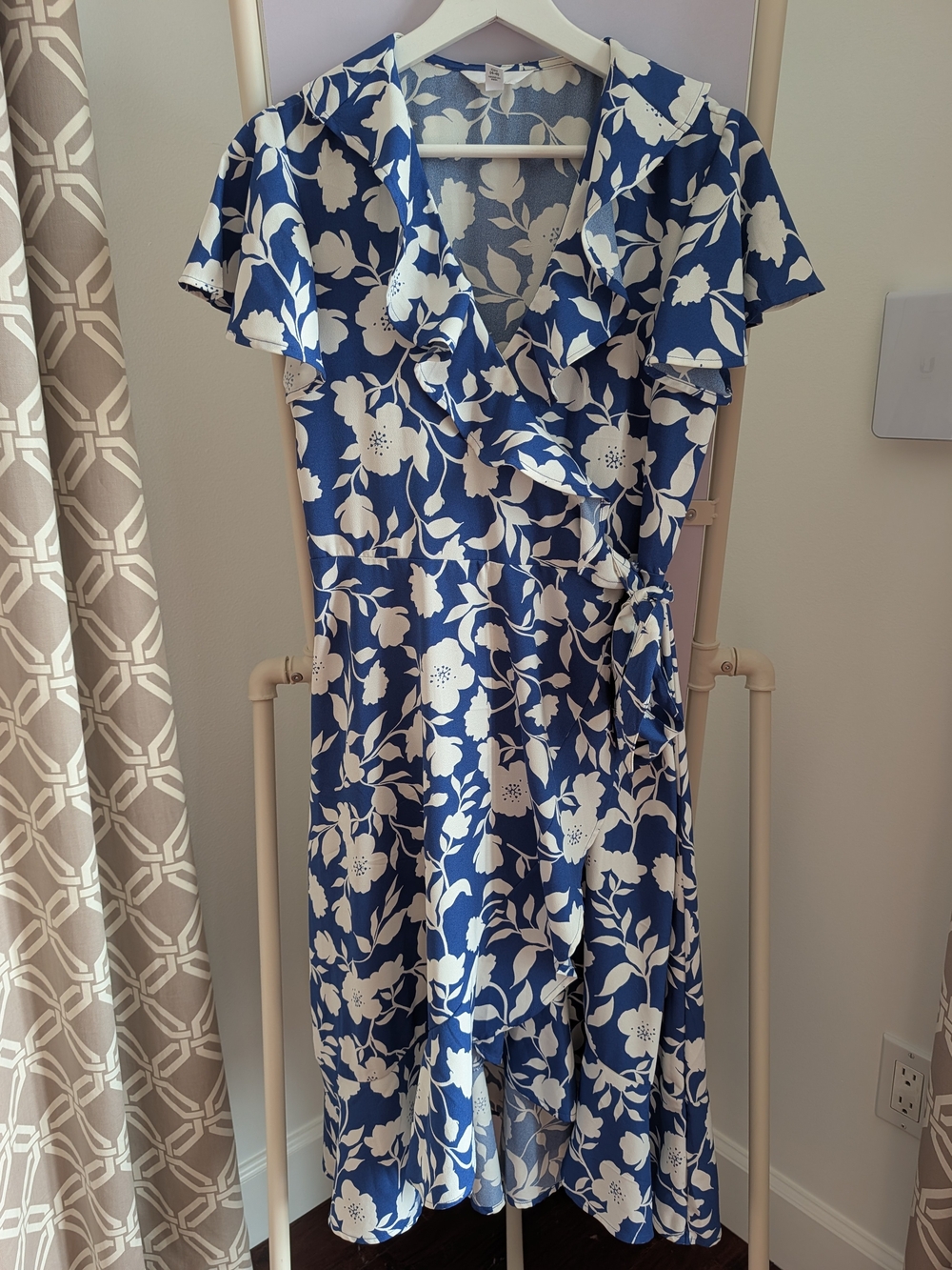 Blue and White Floral Wrap Midi Dress